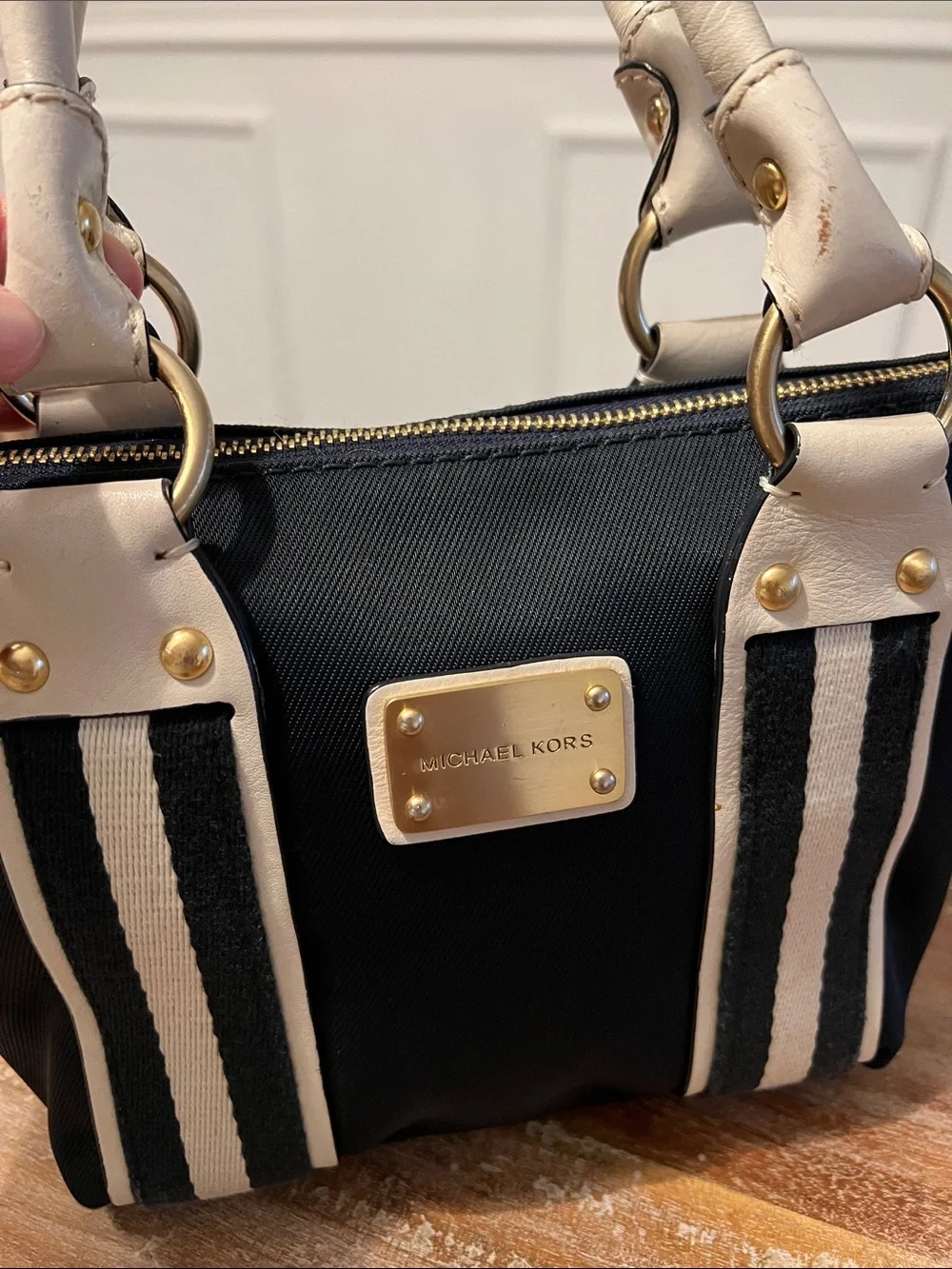Michael Kors Navy and Cream Mini Satchel with Gold Hardware